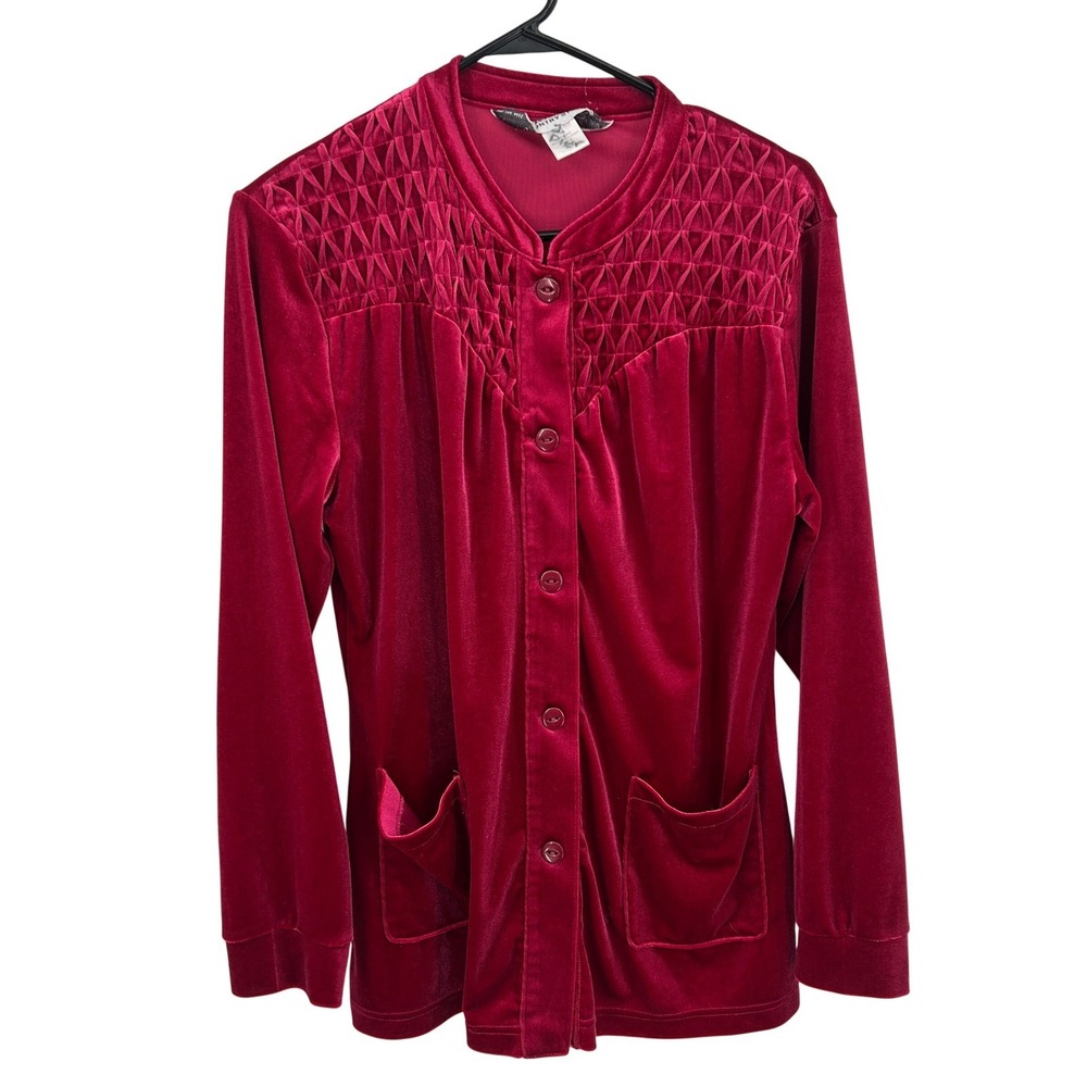 Vermont Country Store Velvet‎ Smocked Button Blouse M Red Cottagecore Heritage
